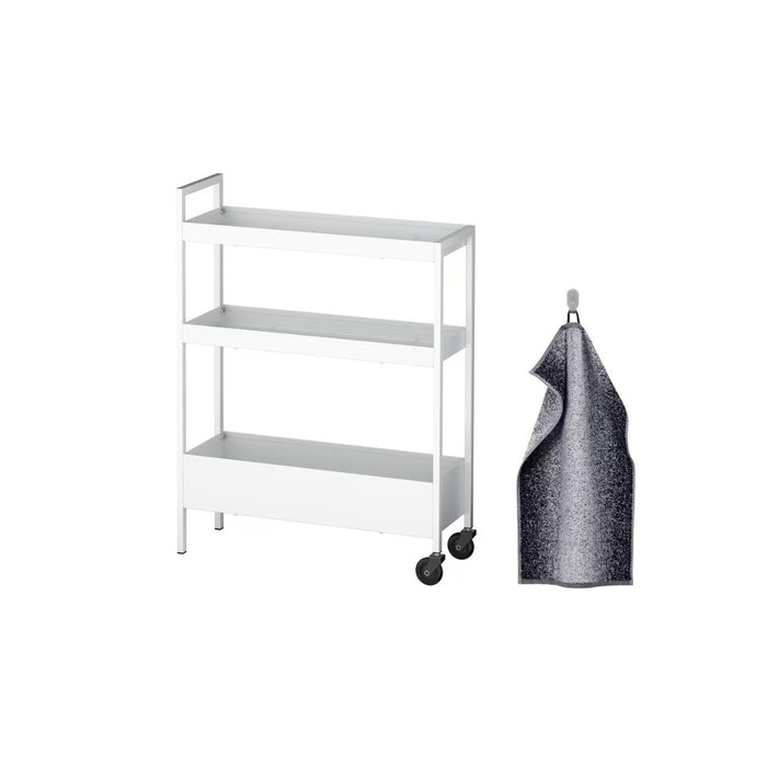 Ikea NISSAFORS Trolley 50.5x19x67 cm (19 7/8x7 1/2x26 3/8 ") with NYCKELN Hand Towel, White/Dark Blue, 40x70 cm