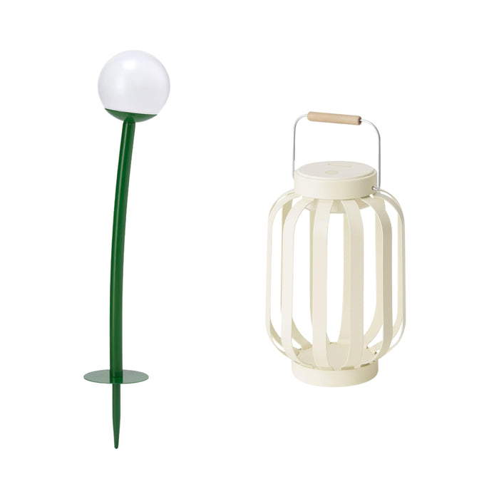 IKEA SOLVINDEN LED Solar‑Powered Ground Stick Dark Green Outdoor with SOMMARLÅNKE LED Decorative Table Lamp Beige Stripe 17 cm