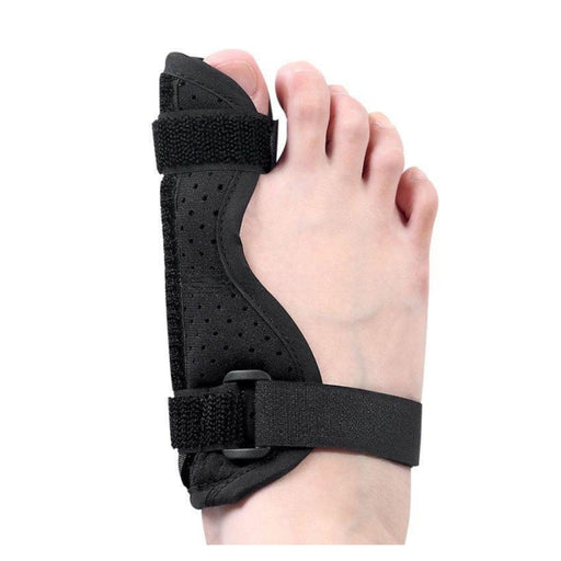 Black finger splint being worn on a person's hand against a white background