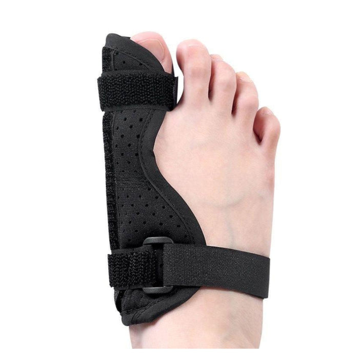 Black finger splint being worn on a person's hand against a white background