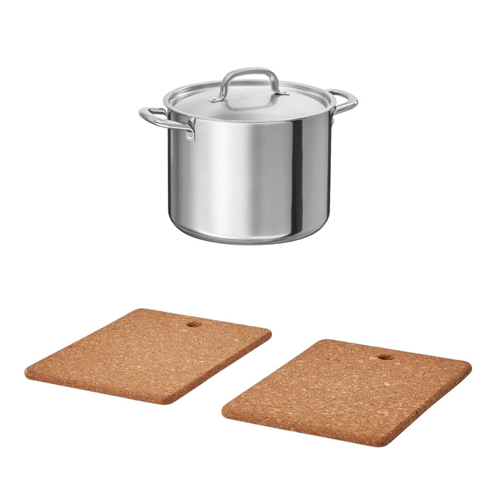 IKEA Cooking Set: Pot with lid 8l, Stainless Steel & 2-Pack HEAT Pot stand, cork, 23x17 cm