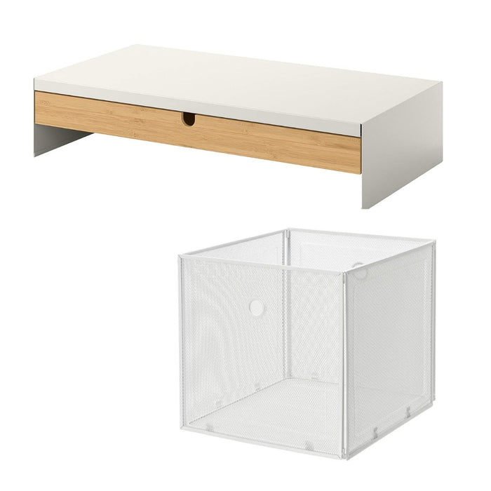 IKEA Workspace Organization Set: ELLOVEN Monitor Stand with Drawer & DRÖNJÖNS  33x37x33 cm Mesh Storage Box