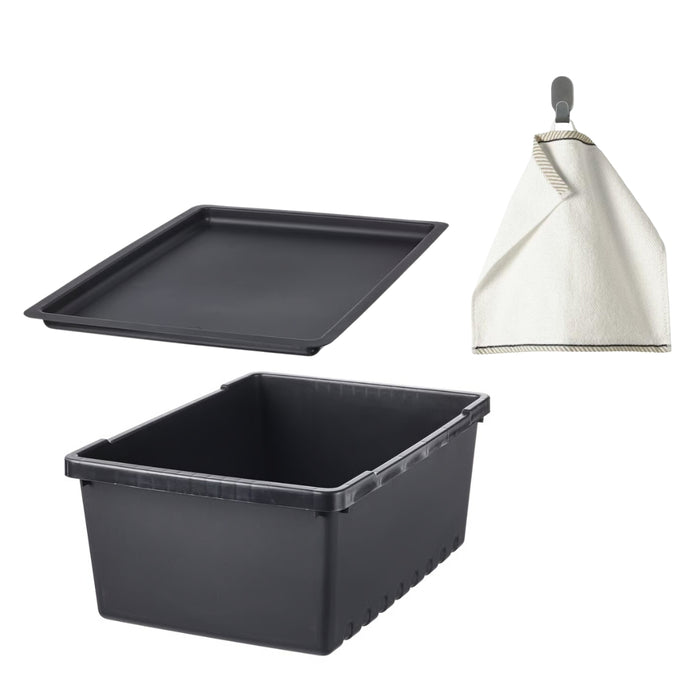 IKEA UPPSNOFSAD Storage box with lid black, 35x25x14 cm/9 l with VIKFJÄRD Washcloth, white, 30x30 cm