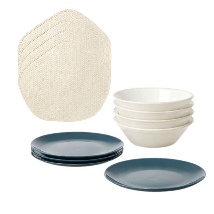 IKEA Dining Set: 4-Pack Glossy Dark Turquoise Plates, SLÄTTIKA White Bowl & Handmade Palm Leaf Placemats