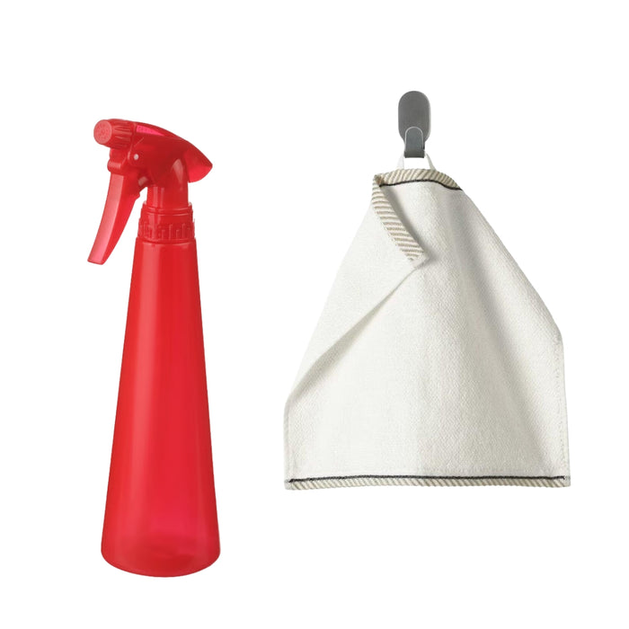 Ikea TOMAT Spray bottle, bright red, 35 cl (12 oz) with VIKFJÄRD Washcloth, white, 30x30 cm