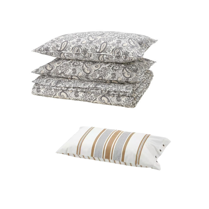 IKEA RODGERSIA Duvet cover and 2 pillowcases, grey/white, 240x220/50x80 cm (94x87/20x31 ") with  LAPPDUNÖRT Pillowcase, white/brown/striped, 50x80 cm