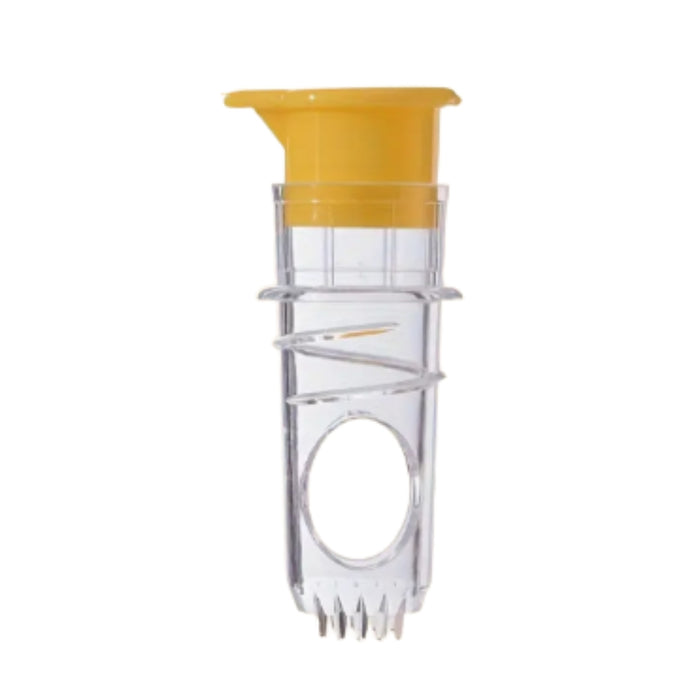 A clear plastic kitchen tool with a yellow top section and metal tines at the bottom, shown on a plain white background.