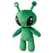 Green alien plush toy with rounded head, two antennae tipped with dots, large oval eyes, and a small smile, 34 cm tall, made from recycled polyester for children’s cuddling and imaginative play.