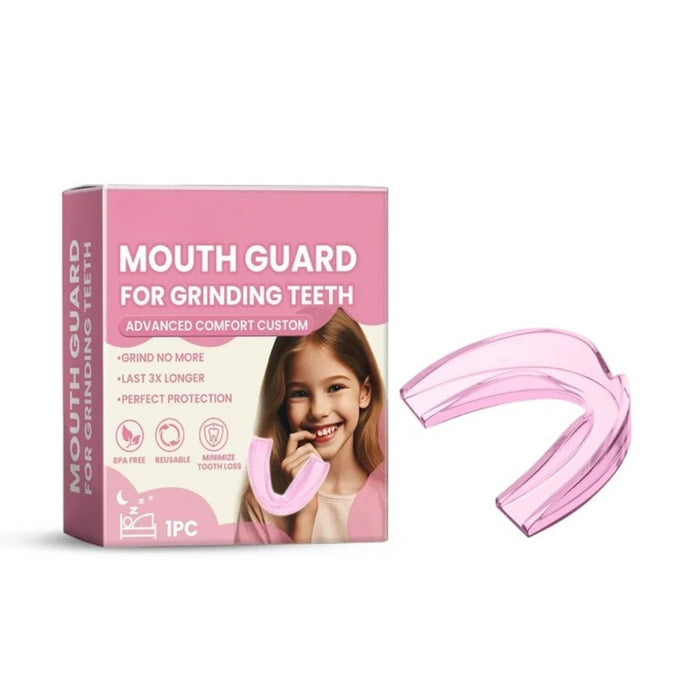 Digital Shoppy Children's Molar Dental Care Set – Pink anti-bite molar tooth protector with packaging and smiling child