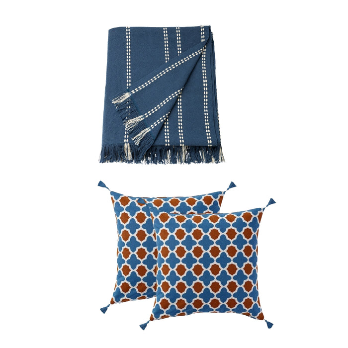 IKEA Home Decor Set - KRUTBRÄNNARE Striped Blue Throw (130x170 cm) & INGVEIG Geometric Cushion Covers (2-Pack, 50x50 cm)