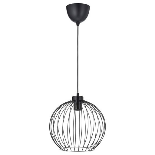 Black pendant light with wire cage design on a white background