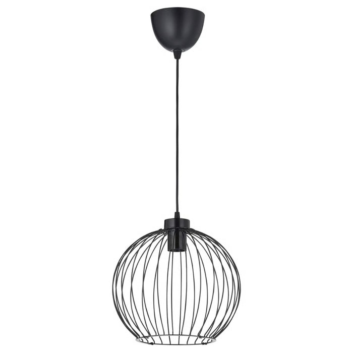 Black pendant light with wire cage design on a white background