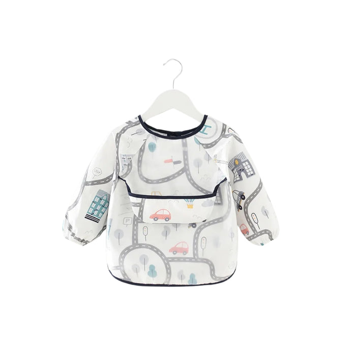 Baby bib with road and vehicle pattern on a white background