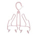 Pink metal hanger with multiple hooks on a white background