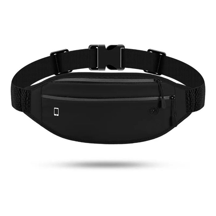 Black waist bag with a buckle on a white background