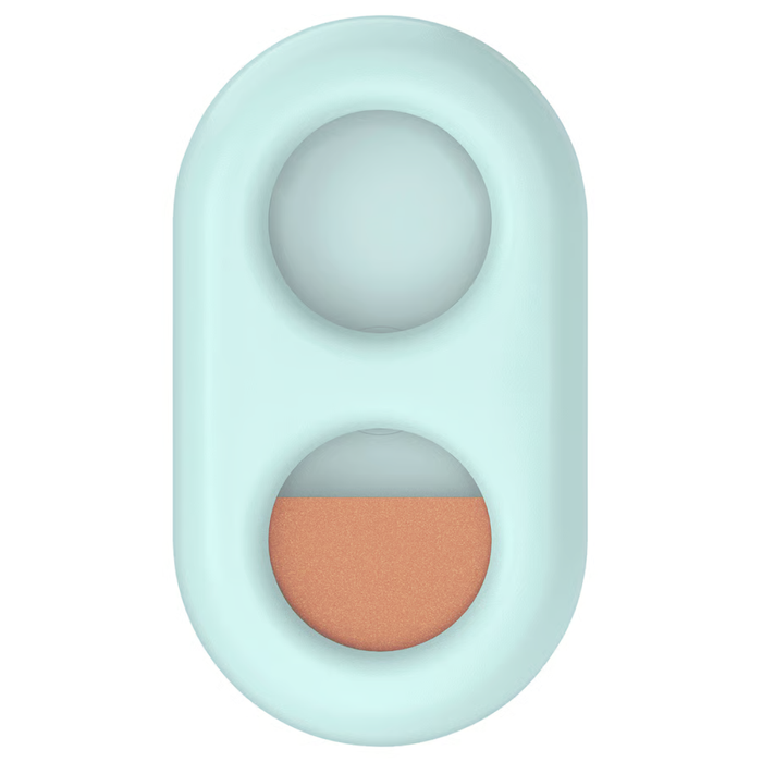 Oval-shaped turquoise timer with two circular compartments—top with a frosted dome, bottom with copper-colored material.