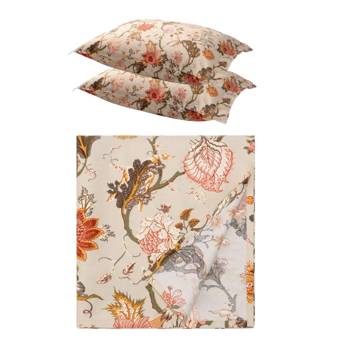 IKEA NÄSSELKLOCKA Bedding Set: Floral Grey-Beige Flat Sheet & 2-Pack Pillowcases