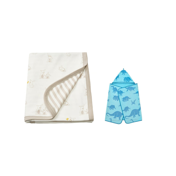 Ikea LEN Baby Blanket with JÄTTELIK Hooded Towel, Bunny/Dinosaur Pattern, White/Blue, 80x100 cm and 140x70 cm