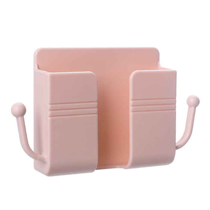 Pink wall-mounted storage box with twin compartments and dual side hooks—ideal for holding remotes, phones, plugs, and accessories while charging—multifunctional and space-saving design – 1598448185068 13069399.