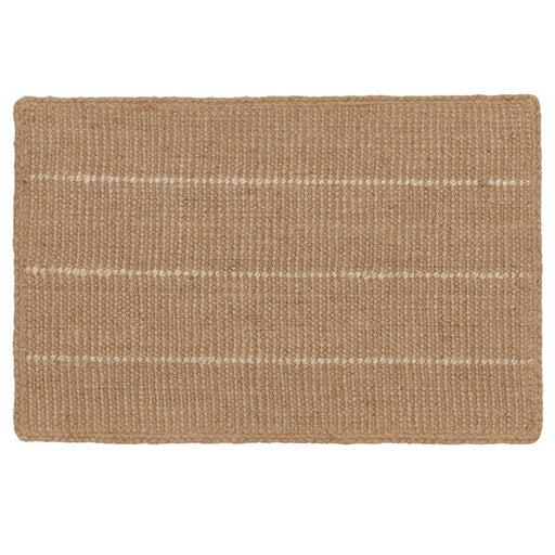 Beige woven mat with white stripes on a white background