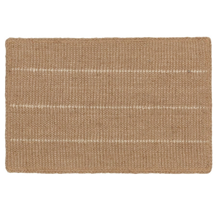 Beige woven mat with white stripes on a white background