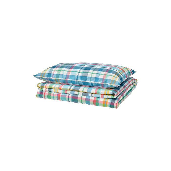 Colorful plaid bedding set on a white background