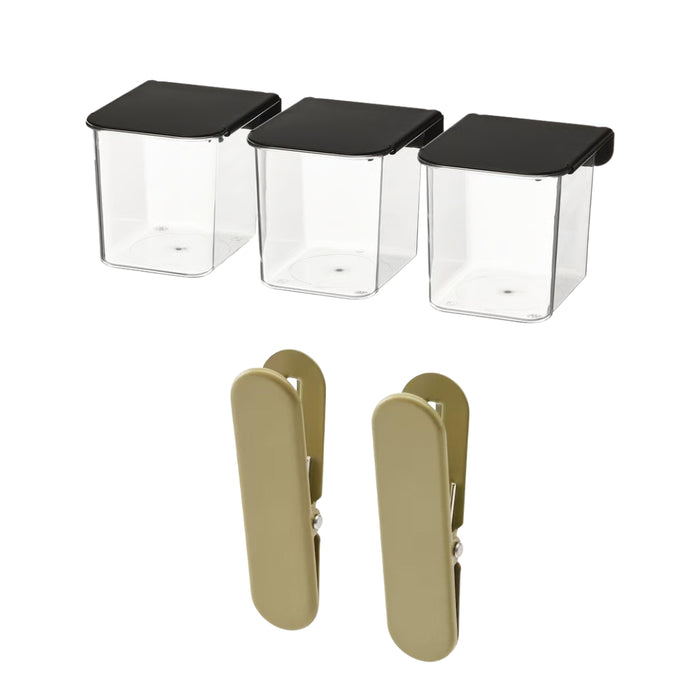 IKEA SKÅDIS Container with Lid Transparent Black 3 Pack with SKÅDIS Clip Beige Green 2 Pack