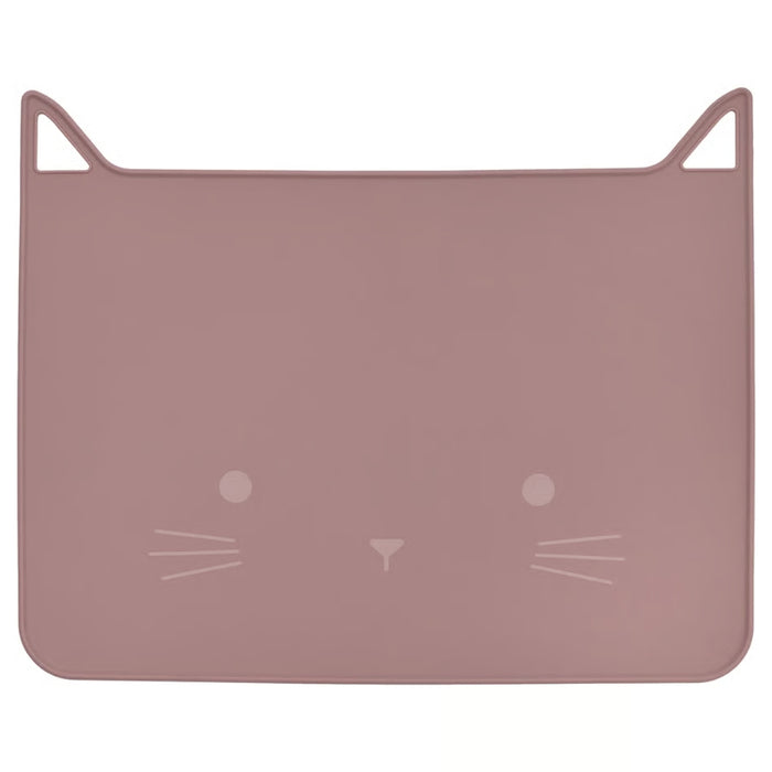 Mauve silicone placemat shaped like a cat’s face with ears, eyes, nose, and whisker details.

