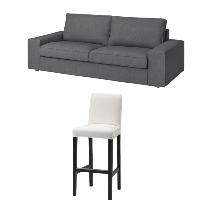 IKEA KIVIK 3‑Seat Sofa Cover Skiftebo Dark Grey 45x228x83 cm with BERGMUND Barstool Cover Inseros White Removable Washable