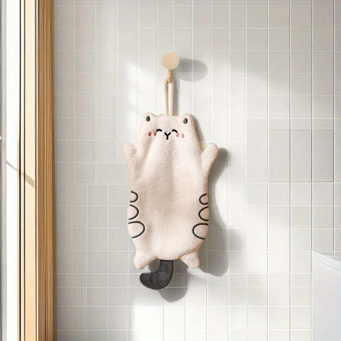 Digital Shoppy Cute Kitten Coral Fleece Hand Towel – Hanging Quick-Dry Kitchen Scarf Beige
