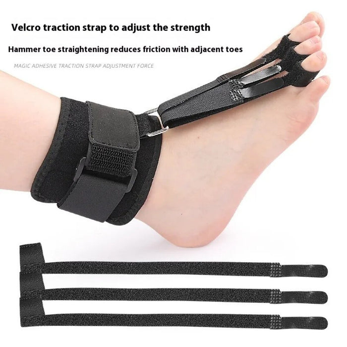 Orthopedic toe corrector with adjustable straps to prevent curling, overlapping, and bending, providing gentle pressure for toe realignment.