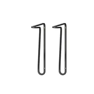 Two black metal brackets on a white background