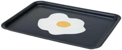 IKEA KEJSARFISK tray, patterned multicolour, measuring 28x37 cm (11x15"); features a bold black background with a playful central motif of a fried egg—white and yellow color contrasts pop against the dark base, giving the tray a quirky and modern aesthetic. Raised edges provide practical grip for serving, while the graphic styling adds character to everyday use – 50607690.