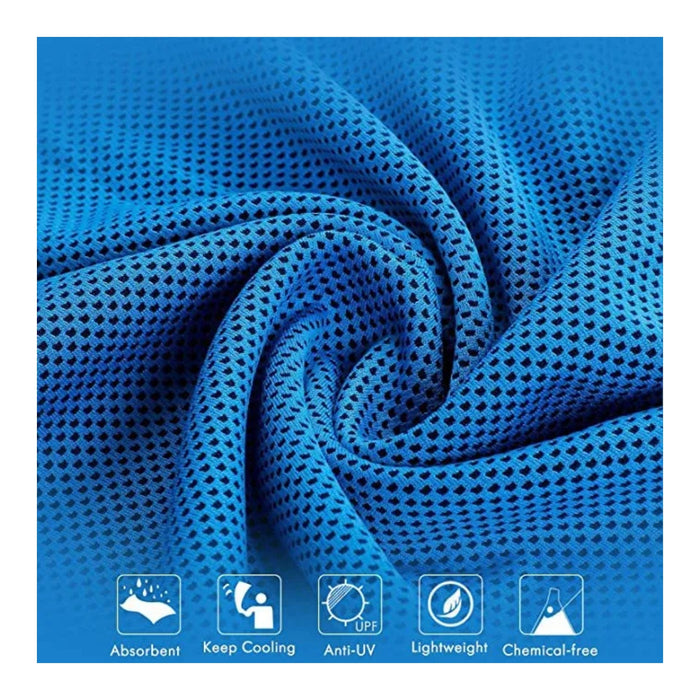 Blue textured fabric with product features icons on a blue background