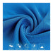 Blue textured fabric with product features icons on a blue background