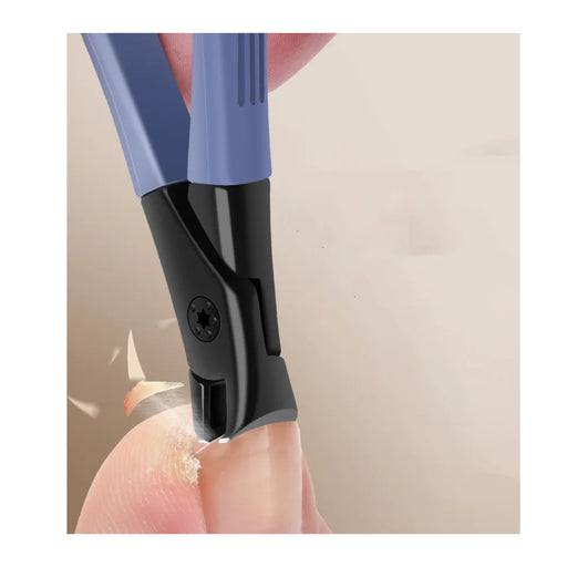 Close-up of a person using a blue and black nail clipper on their finger.