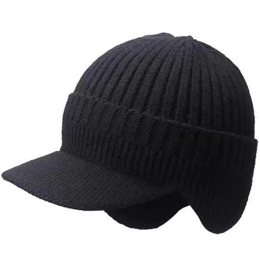 Digital Shoppy woolen cap – black knit winter hat with brim and ear flaps, thickened for warmth and eye protection

