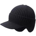 Digital Shoppy woolen cap – black knit winter hat with brim and ear flaps, thickened for warmth and eye protection

