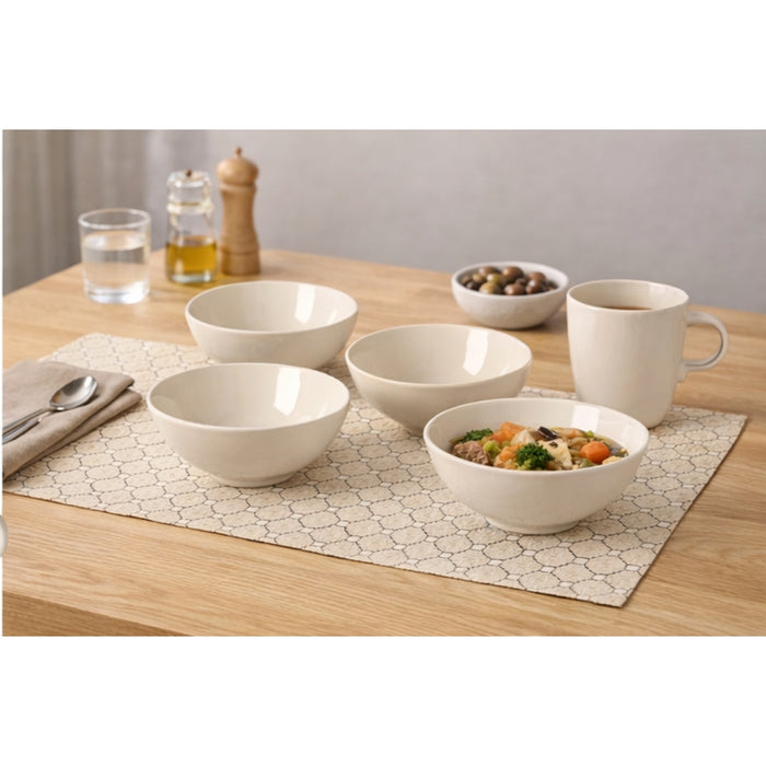 IKEA Hosting Set: LJUVARE Gold-Tone Table Runner & 4-Pack FÄRGKLAR Glossy Beige Bowls & Mugs