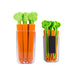 Two sets of pens with carrot and green stem designs in clear holders on a white background.