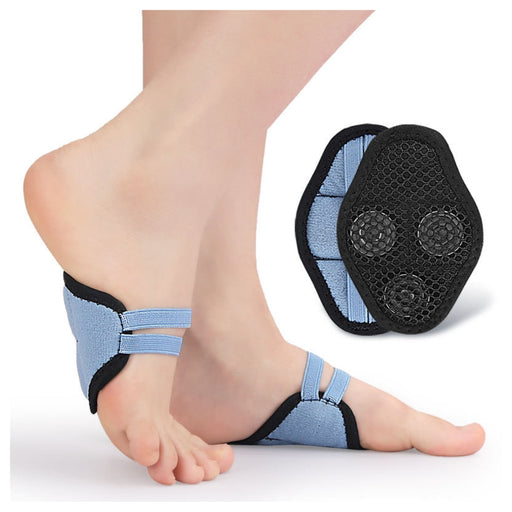 Blue and black foot support device on a person's feet with close-up of sole pad.