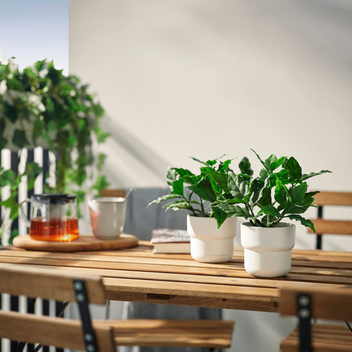 Realistic faux sweet bay plant placed on a wooden outdoor table in a sunny garden setting.