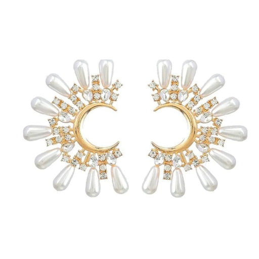 Digital Shoppy moon pearl earrings – crescent-shaped gold base with white teardrop pearls and zircon sunburst accents

