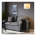 Gray sofa in a living room with a floor lamp and framed picture on the wall.