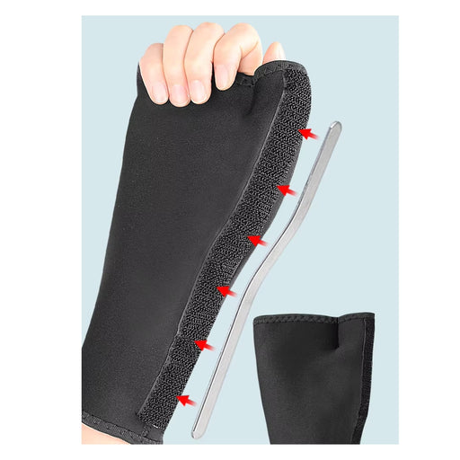 Black shoe insole with red arrows pointing to features, held by a hand against a light blue background