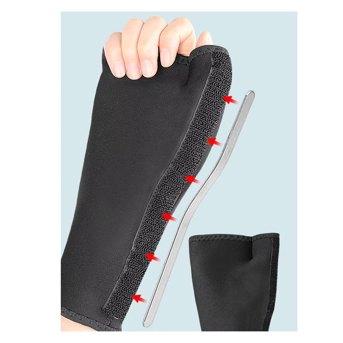 Black shoe insole with red arrows pointing to features, held by a hand against a light blue background