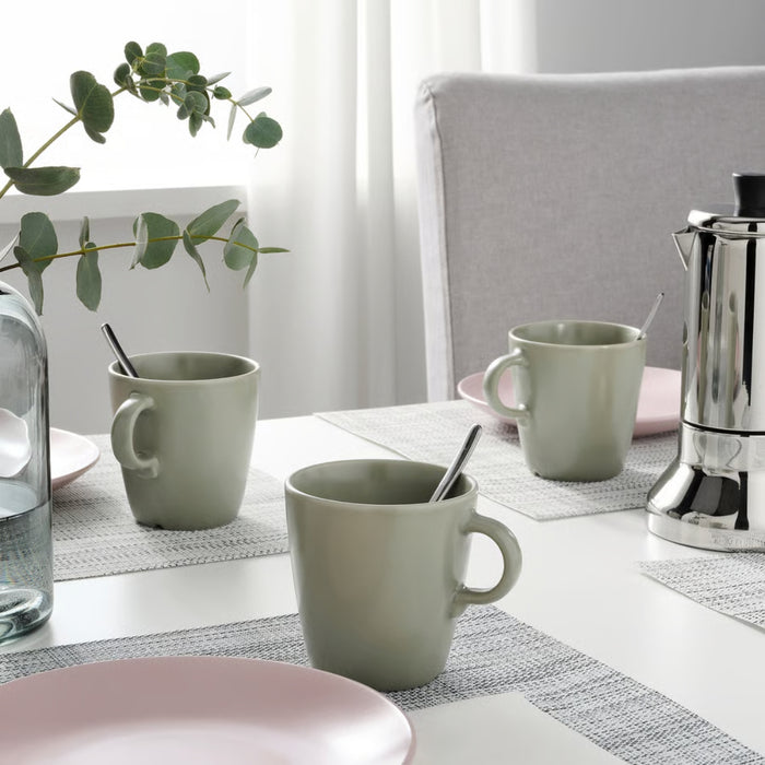 IKEA Dining Set: 4-Pack FÄRGKLAR Matt Green Plates & Mugs with SNOBBIG Light Grey Placemats