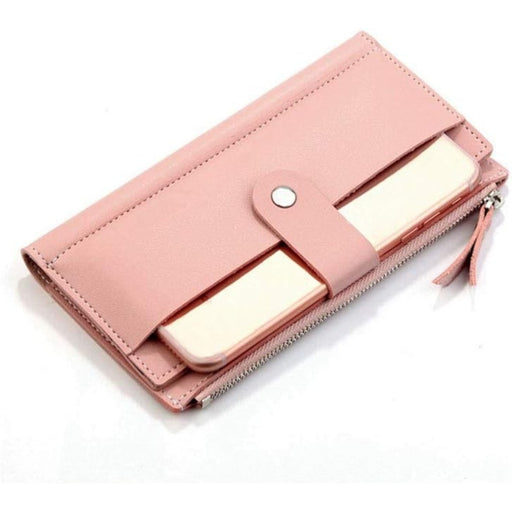 Pink clutch wallet with smartphone partially inserted – snap closure and tassel zipper detail for stylish mobile storage – 1598446067672