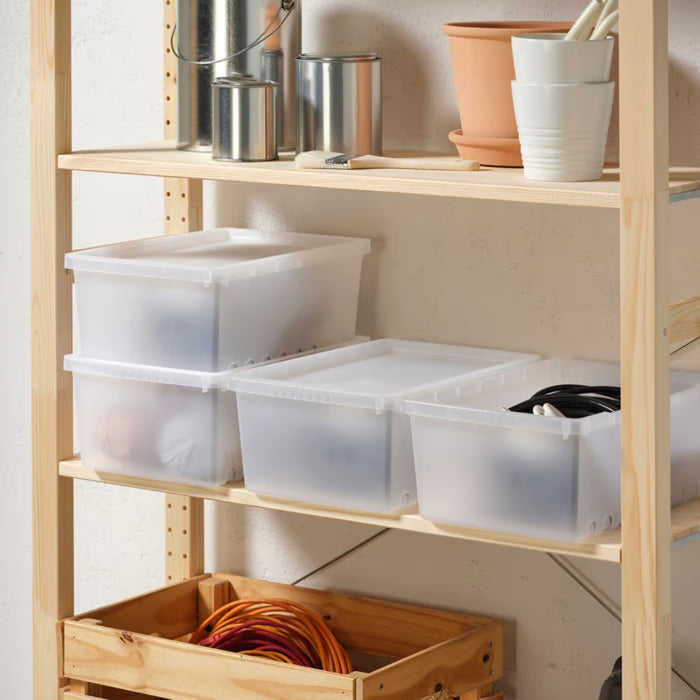 IKEA UPPSNOFSAD Storage Box 9L Transparent White with SNÖKRABBA Napkin Black‑Blue 4 Pack — Organized Living | Dining Elegance