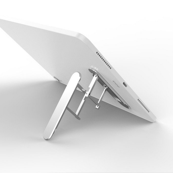 A compact, foldable tablet stand in sleek aluminum alloy with an adjustable multi-angle design, anti-slip base, and sturdy kickstand. Ideal for gaming, video streaming, reading, and working on tablets or smartphones